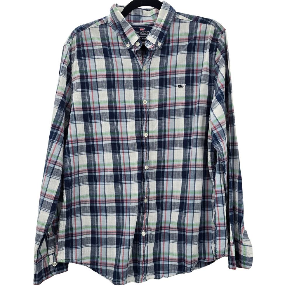 Vineyard Vines Mens Large Blue Plaid Slim Fit Button Down